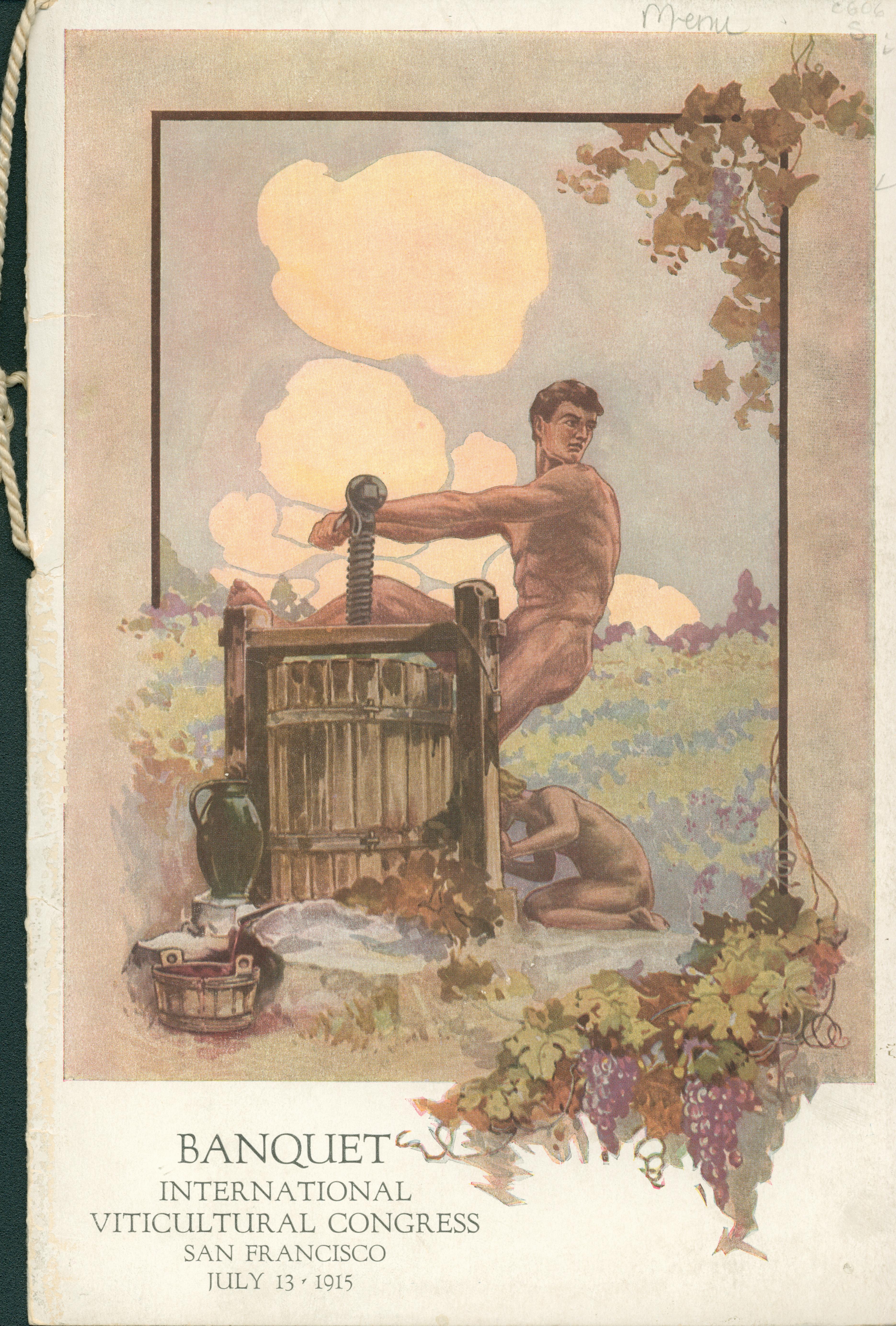 The front cover shows a nude in a bucolic setting cranking a wine press.